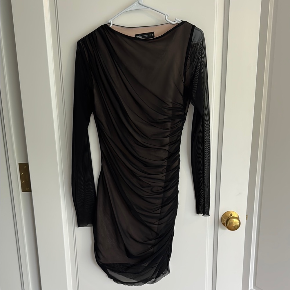 Zara Black Ruched mesh Long Sleeve Bodycon Dress